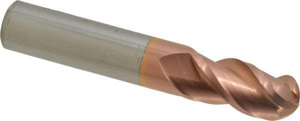 Accupro - 1/2" Diam, 1" LOC, 3 Flute Solid Carbide Ball End Mill - TiCN Finish, Single End, 3" OAL, 1/2" Shank Diam, Spiral Flute - Eagle Tool & Supply