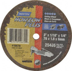 Norton - 3" Ceramic Cutoff Wheel - 1/16" Thick, 1/4" Arbor, 25,465 Max RPM, Use with Die Grinders - Eagle Tool & Supply