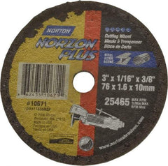 Norton - 3" Ceramic Cutoff Wheel - 1/16" Thick, 3/8" Arbor, 25,465 Max RPM, Use with Die Grinders - Eagle Tool & Supply