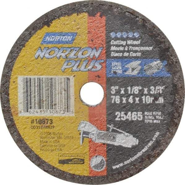 Norton - 3" Ceramic Cutoff Wheel - 1/8" Thick, 3/8" Arbor, 25,465 Max RPM, Use with Die Grinders - Eagle Tool & Supply
