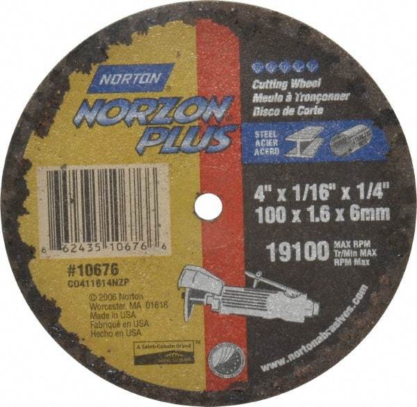 Norton - 4" 36 Grit Ceramic Cutoff Wheel - 1/16" Thick, 1/4" Arbor, 19,100 Max RPM, Use with Die Grinders - Eagle Tool & Supply
