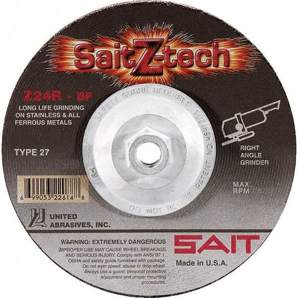 Sait - 24 Grit, 4-1/2" Wheel Diam, 1/4" Wheel Thickness, Type 27 Depressed Center Wheel - Zirconia Alumina, Resinoid Bond, R Hardness, 13,300 Max RPM, Compatible with Angle Grinder - Eagle Tool & Supply