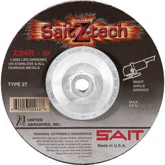 Sait - 24 Grit, 7" Wheel Diam, 1/4" Wheel Thickness, Type 27 Depressed Center Wheel - Zirconia Alumina, Resinoid Bond, R Hardness, 8,500 Max RPM, Compatible with Angle Grinder - Eagle Tool & Supply