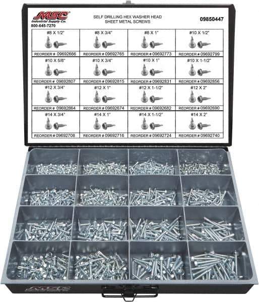 Value Collection - 1,025 Piece, #8x3/4 to 1/4x2, Steel Sheet Metal Screw Assortment - Hex Washer Head, Hex Drive, 1/2 to 2" Long, Zinc-Plated Finish - Eagle Tool & Supply