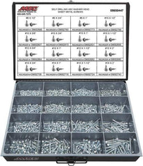 Value Collection - 1,025 Piece, #8x3/4 to 1/4x2, Steel Sheet Metal Screw Assortment - Hex Washer Head, Hex Drive, 1/2 to 2" Long, Zinc-Plated Finish - Eagle Tool & Supply