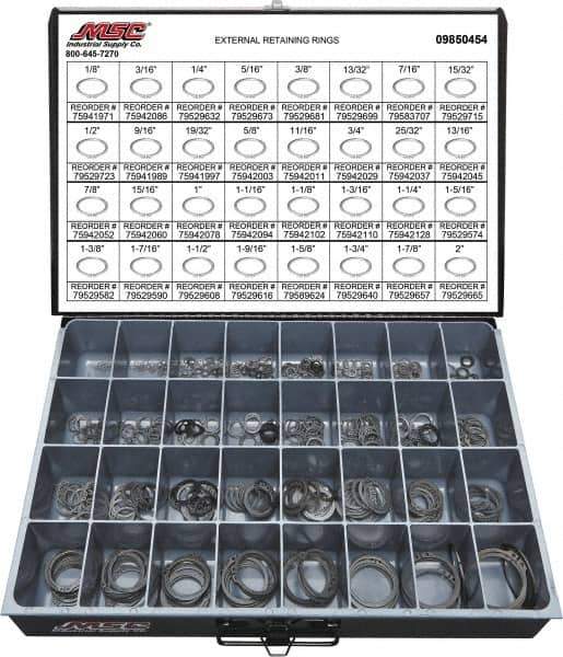 Value Collection - 665 Piece, 1/8 to 2", SpRing Assortment Steel, Snap External Retaining Ring Assortment - Includes Compartmented Case - Eagle Tool & Supply