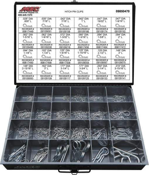 Value Collection - 359 Piece, 1/8 to 1" Pin Diam, Hitch Pin Assortment - 1/16 to 7/8" Long, Spring Wire, Zinc Plated - Eagle Tool & Supply