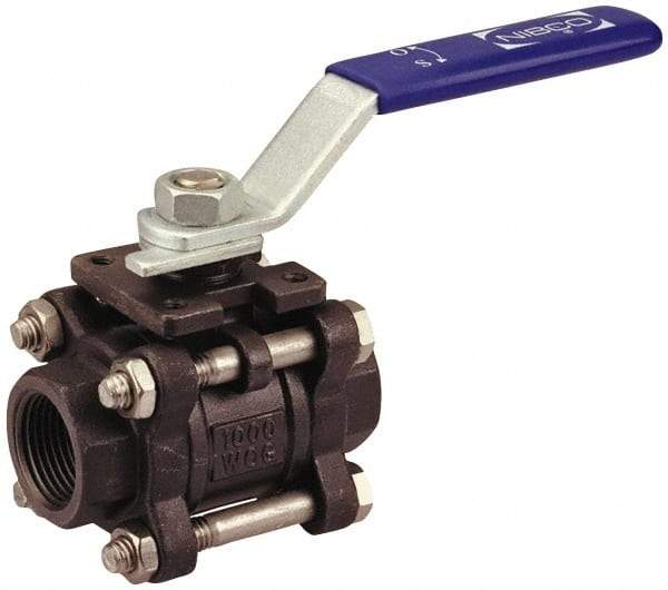NIBCO - 3/4" Pipe, Full Port, Carbon Steel Standard Ball Valve - 3 Piece, Inline - One Way Flow, FNPT x FNPT Ends, Locking Lever Handle, 1,000 WOG - Eagle Tool & Supply