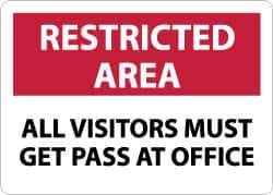 NMC - "Restricted Area - All Visitors Must Get Pass at Office", 10" Long x 14" Wide, Rigid Plastic Safety Sign - Rectangle, 0.05" Thick, Use for Security & Admittance - Eagle Tool & Supply