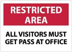 NMC - "Restricted Area - All Visitors Must Get Pass at Office", 10" Long x 14" Wide, Aluminum Safety Sign - Rectangle, 0.04" Thick, Use for Security & Admittance - Eagle Tool & Supply