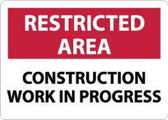 NMC - "Restricted Area - Construction Work in Progress", 10" Long x 14" Wide, Rigid Plastic Safety Sign - Rectangle, 0.05" Thick, Use for Security & Admittance - Eagle Tool & Supply