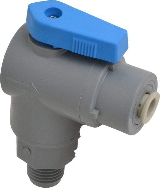 Specialty Mfr - 1/4" Pipe, PVC Standard Ball Valve - Right Angle, MNPT x Push-to-Connect Ends, Wedge Handle, 125 WOG - Eagle Tool & Supply