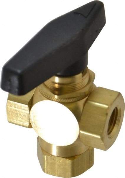 Specialty Mfr - 1/4" Pipe, Brass Standard Ball Valve - Three Way, FNPT x FNPT x FNPT Ends, Wedge Handle, 400 WOG - Eagle Tool & Supply