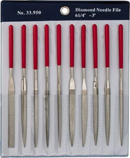 Grobet - 10 Piece Diamond Pattern File Set - 6-1/4" Long, Medium Coarseness, Set Includes Flat, Round, Square, Three Square - Eagle Tool & Supply