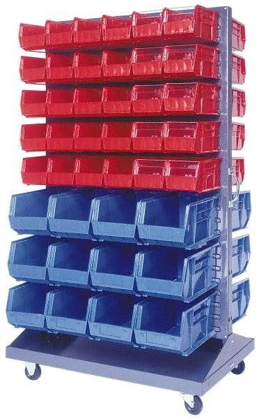 Quantum Storage - 500 Lb Capacity, 25" Deep x 36" Wide x 64" High, Steel Mobile Rack - 2 Sides, 208 Blue Polyethylene/Polypropylene Bins - Eagle Tool & Supply