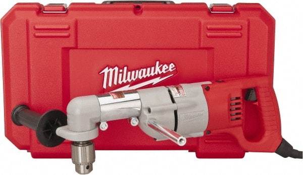 Milwaukee Tool - 1/2" Keyed Chuck, 500 RPM, D-Handle Electric Drill - 7 Amps, 120 Volts, Reversible, Includes 3/16" Socket Wrench, 9/16" Open End Wrench, RAD Assembly, Side Handle - Eagle Tool & Supply