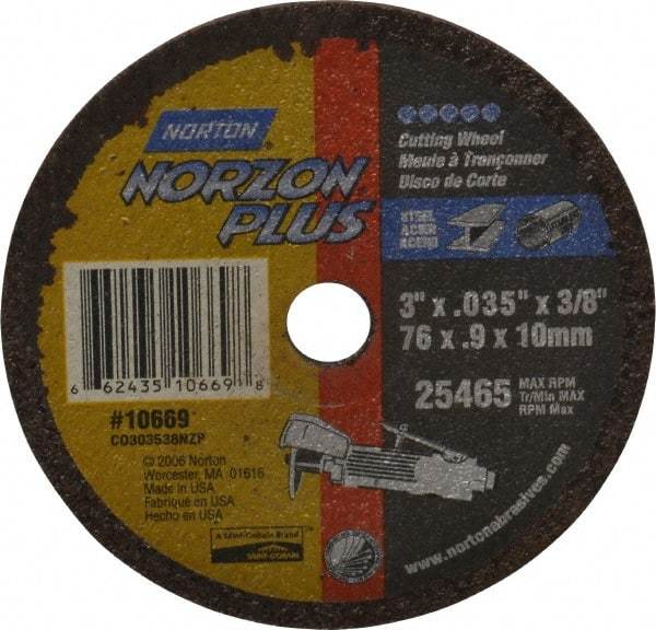 Norton - 3" Ceramic Cutoff Wheel - 0.035" Thick, 3/8" Arbor, 25,465 Max RPM, Use with Die Grinders - Eagle Tool & Supply