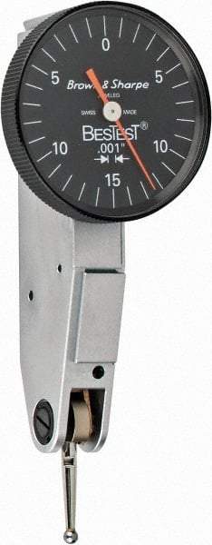 TESA Brown & Sharpe - 0.03 Inch Range, 0.001 Inch Dial Graduation, Horizontal Dial Test Indicator - 1 Inch Black Dial, 0-15-0 Dial Reading - Eagle Tool & Supply