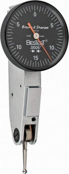 TESA Brown & Sharpe - 0.03 Inch Range, 0.0005 Inch Dial Graduation, Horizontal Dial Test Indicator - 1 Inch Black Dial, 0-15-0 Dial Reading - Eagle Tool & Supply