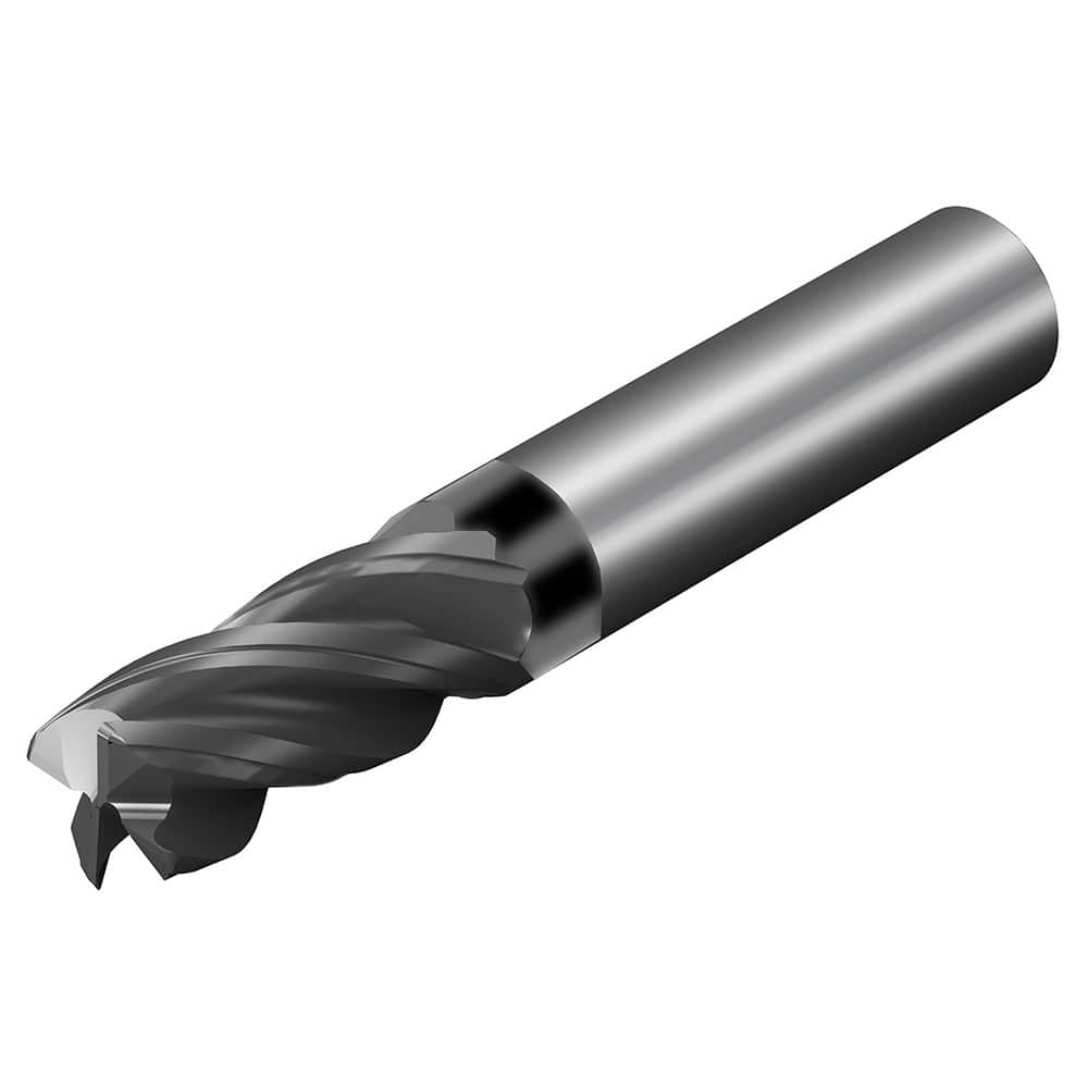 Corner Radius End Mill: 1/2″ Dia, 1-5/8″ LOC, 0.09″ Radius, 4 Flutes, Solid Carbide 4″ OAL, 1/2″ Shank Dia, 36.5 ° Helix, AlTiN Coated, Corner Radius End, Centercutting, Series CoroMill Dura