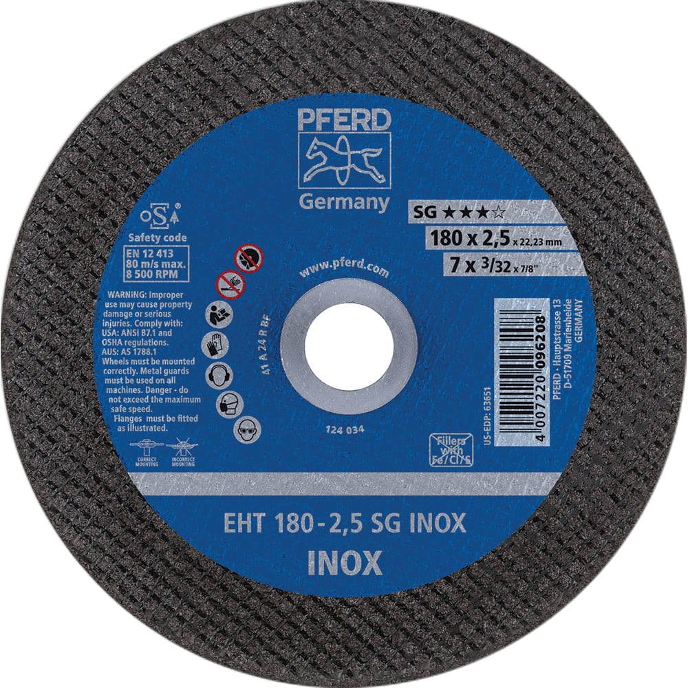 PFERD - Cutoff Wheels; Tool Compatibility: Angle Grinder ; Wheel Diameter (Inch): 7 ; Wheel Thickness (Inch): 3/32 ; Abrasive Material: Aluminum Oxide ; Maximum RPM: 8500.000 ; Grit: 46 - Exact Industrial Supply