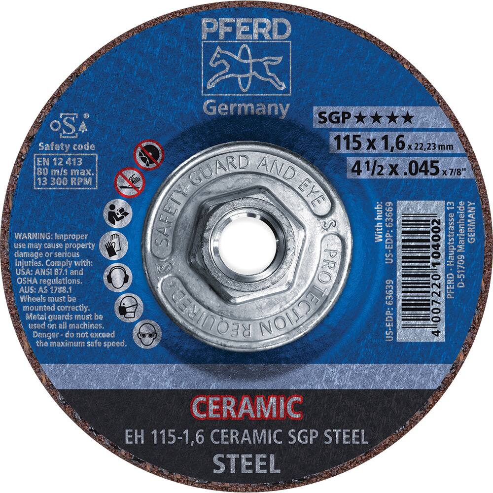 PFERD - Depressed-Center Wheels; Hole Thread Size: 5/8-11 ; Connector Type: Arbor ; Wheel Type Number: Type 1 ; Abrasive Material: Ceramic Oxide ; Maximum RPM: 13300.000 ; Grit: 46 - Exact Industrial Supply