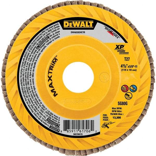 DeWALT - 40 Grit, 4-1/2" Disc Diam, Type 27 Ceramic Flap Disc - 13,300 Max RPM, Poly Cotton Backing, Arbor Attaching System, Coated - Eagle Tool & Supply