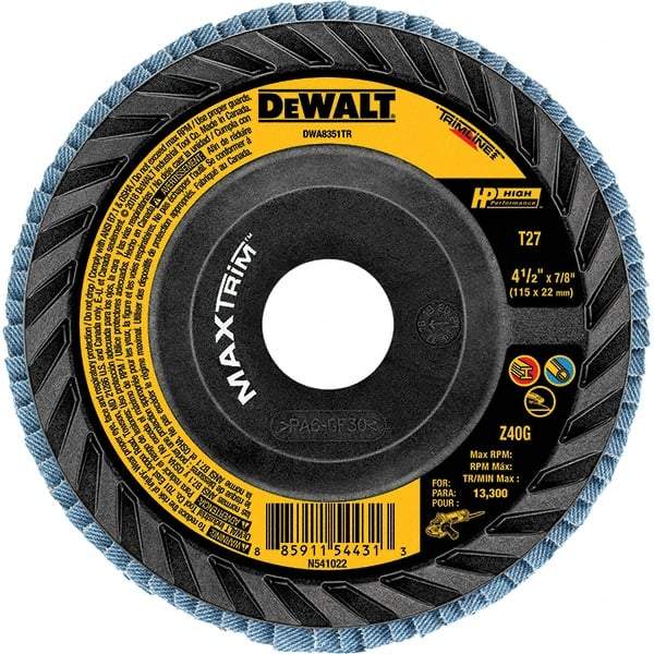 DeWALT - 60 Grit, 5" Disc Diam, Type 27 Zirconia Alumina Flap Disc - 12,200 Max RPM, Poly Cotton Backing, Arbor Attaching System, Coated - Eagle Tool & Supply