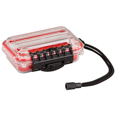 Small Parts Boxes & Organizers; Product Type: Storage Box; Lock Type: Positive Snap; Width (Inch): 5; Depth (Inch): 2; Number of Dividers: 0; Removable Dividers: No; Color: Red; Clear; Features: wrist lanyard; Dri-Loc O-Ring Seal; Sturdy cam-action latch;