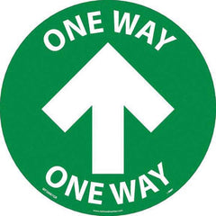 Adhesive Backed Floor Signs; Message Type: COVID-19; Graphic Type: Arrow; Message or Graphic: Message & Graphic; Legend: One Way; Color: White; Green; Special Color Properties: No Special Properties; Material: Vinyl; Shape: Circle; Oval; Height (Inch): 8.