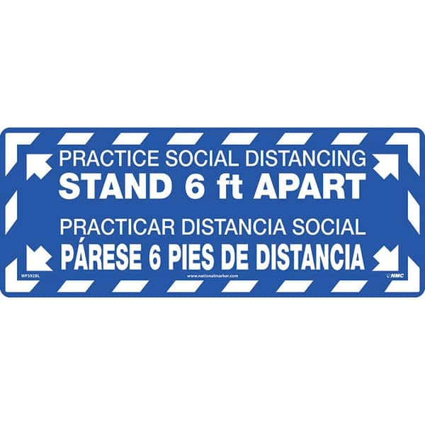 Adhesive Backed Floor Signs; Message Type: COVID-19; Graphic Type: None; Message or Graphic: Message & Graphic; Legend: Practice Social Distancing Stand 6 Ft Apart, Practicar Distancia Social Parese 6 Pies De Distancia; Color: White; Blue; Special Color P