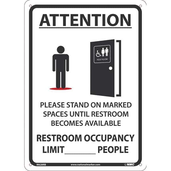 Sign: Rectangle & Square, ″Attention Please Stand On Marked Spaces Until Restroom Becomes Available. Restroom Occupancy Limit ___ People″ Plastic, 14″ High