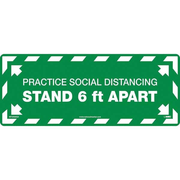 Adhesive Backed Floor Signs; Message Type: COVID-19; Graphic Type: None; Message or Graphic: Message & Graphic; Legend: Practice Social Distancing Stand 6Ft Apart; Color: White; Green; Special Color Properties: No Special Properties; Material: Vinyl; Shap