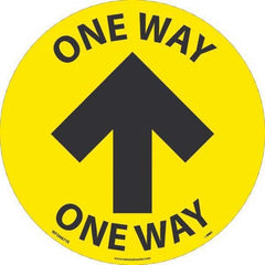 Adhesive Backed Floor Signs; Message Type: COVID-19; Graphic Type: Arrow; Message or Graphic: Message & Graphic; Legend: One Way; Color: Yellow; Black; Special Color Properties: No Special Properties; Material: Vinyl; Shape: Circle; Oval; Language: Englis