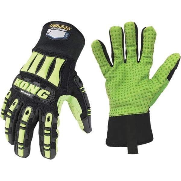 ironCLAD - Size 2XL (11), ANSI Cut Lvl A1, Abrasion Lvl 5, Cut Resistant Gloves - 11" Long, Uncoated, Polyester Lining, Slip-On Cuff, Black/Green, Paired - Eagle Tool & Supply