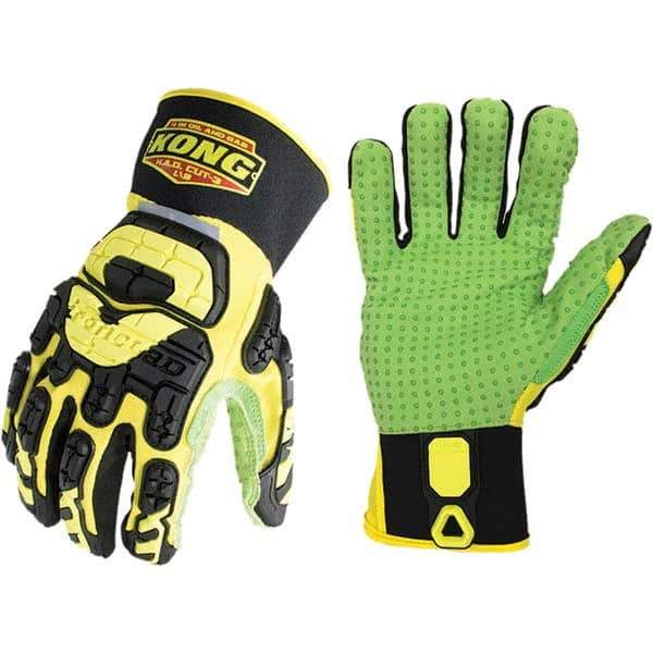 ironCLAD - Size M (8), ANSI Cut Lvl A2, Abrasion Lvl 5, Cut Resistant Gloves - 11" Long, Uncoated, Unlined, Slip-On Cuff, Yellow/Green, Paired - Eagle Tool & Supply