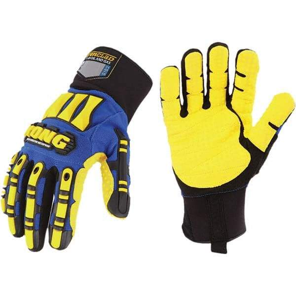 ironCLAD - Size XL (10), ANSI Cut Lvl A1, Abrasion Lvl 5, Cut Resistant Gloves - 11" Long, Uncoated, Polyester Lining, Slip-On Cuff, Blue/Yellow, Paired - Eagle Tool & Supply