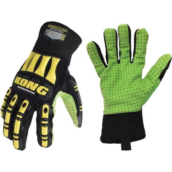 ironCLAD - Size L (9), ANSI Cut Lvl A5, Abrasion Lvl 5, Cut Resistant Gloves - 11" Long, Uncoated, Polyester Lining, Slip-On Cuff, Black/Green, Paired - Eagle Tool & Supply