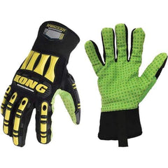 ironCLAD - Size L (9), ANSI Cut Lvl A5, Abrasion Lvl 5, Cut Resistant Gloves - 11" Long, Uncoated, Polyester Lining, Slip-On Cuff, Black/Green, Paired - Eagle Tool & Supply