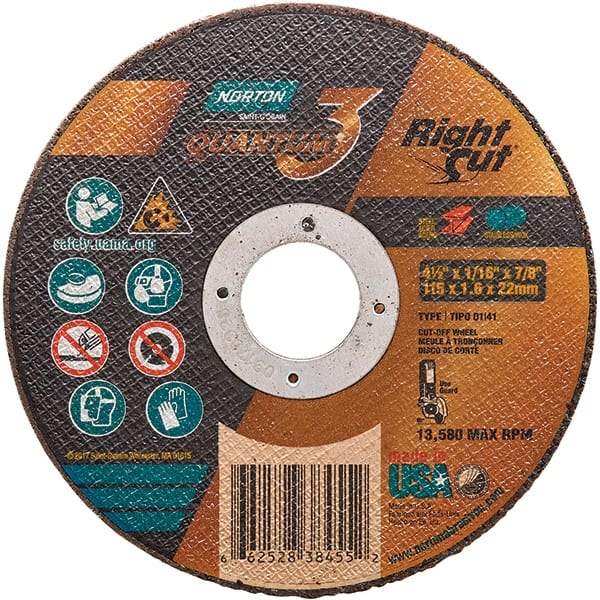 Norton - 4-1/2" 36 Grit Ceramic Alumina Cutoff Wheel - 1/16" Thick, 7/8" Arbor, 13,580 Max RPM, Use with Angle Grinders - Eagle Tool & Supply