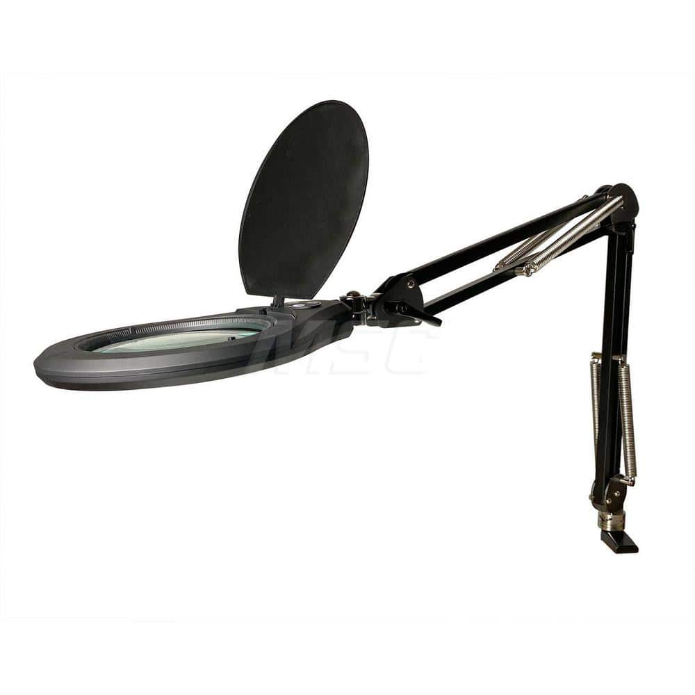 Task Light: LED, 45″ Reach, Swing Arm, Table Edge Clamp, Black 120V, 8 Watts, 1.88x Magnification, 6″ Wide, 6″ Long