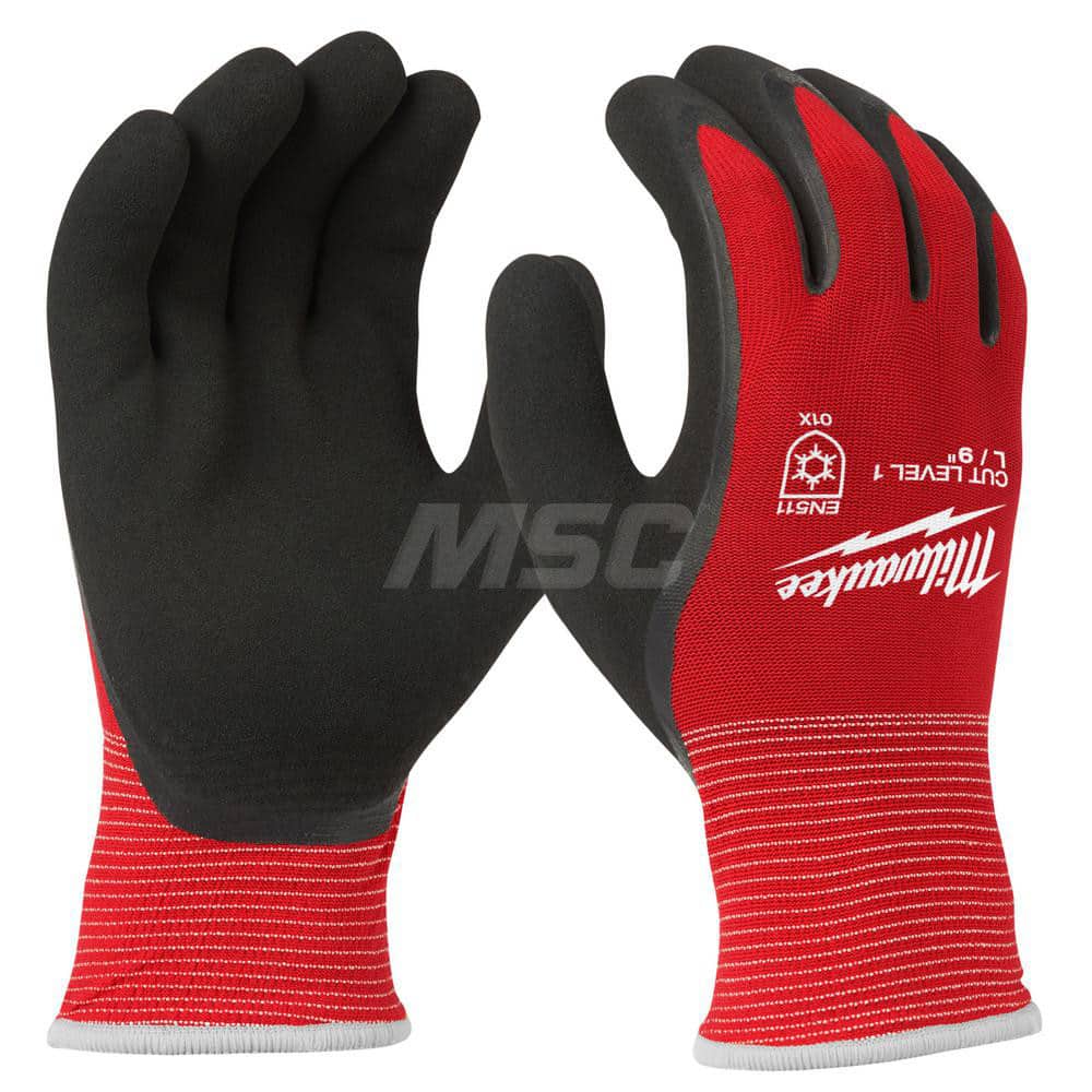 Cut, Puncture & Abrasive-Resistant Gloves: Size L, ANSI Cut A1, ANSI Puncture 0, Latex, Nylon Red, Palm & Fingers Coated, Acrylic, Terry & Thermal Lined, Nylon Back, Smooth Grip, ANSI Abrasion 0