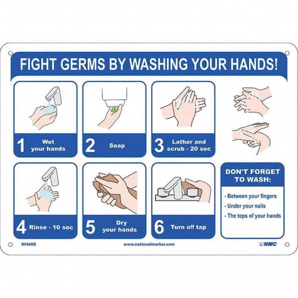 NMC - "Fight Germs By Washing Your Hands!", 14" Wide x 10" High, Rigid Plastic Safety Sign - Eagle Tool & Supply