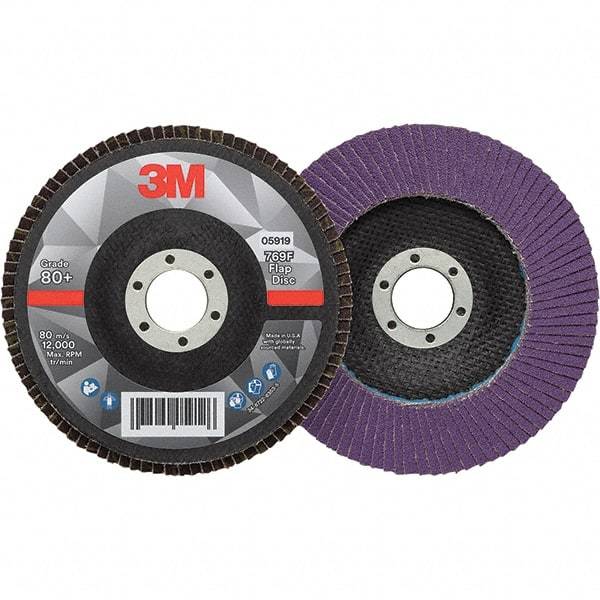 3M - 5" Disc Diam, 7/8" Center Hole, Type 27 Ceramic Flap Disc - 12,000 Max RPM, Fiberglass Backing, Arbor Attaching System, Coated - Eagle Tool & Supply