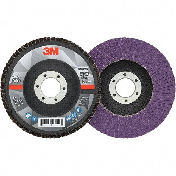 3M - 4-1/2" Disc Diam, 7/8" Center Hole, Type 27 Ceramic Flap Disc - 13,300 Max RPM, Fiberglass Backing, Arbor Attaching System, Coated - Eagle Tool & Supply