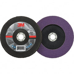 3M - 7" Disc Diam, 7/8" Center Hole, Type 27 Ceramic Flap Disc - 8,600 Max RPM, Fiberglass Backing, Arbor Attaching System, Coated - Eagle Tool & Supply