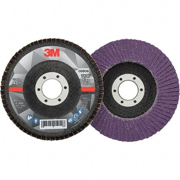 3M - 4-1/2" Disc Diam, 7/8" Center Hole, Type 29 Ceramic Flap Disc - 13,300 Max RPM, Fiberglass Backing, Arbor Attaching System, Coated - Eagle Tool & Supply