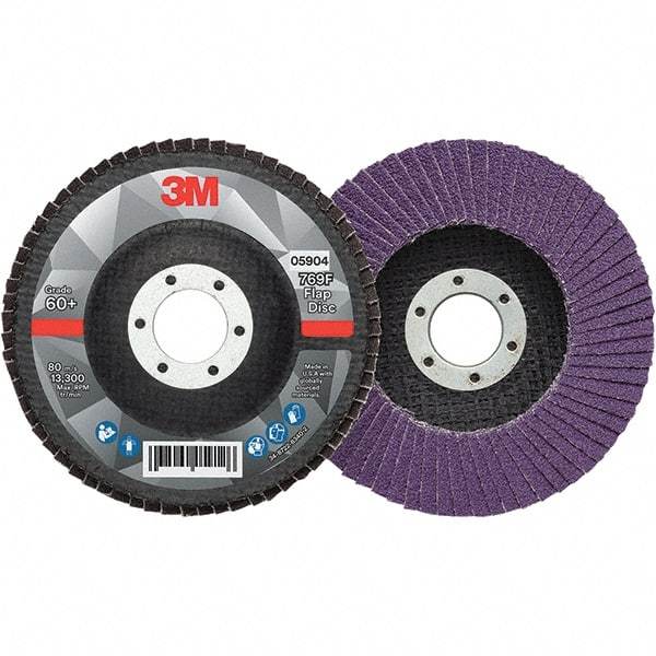 3M - 4-1/2" Disc Diam, 7/8" Center Hole, Type 27 Ceramic Flap Disc - 13,300 Max RPM, Fiberglass Backing, Arbor Attaching System, Coated - Eagle Tool & Supply