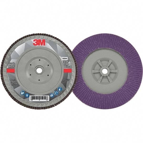 3M - 7" Disc Diam, 5/8-11 Center Hole, Type 27 Ceramic Flap Disc - 8,600 Max RPM, Plastic Backing, Arbor Attaching System, Coated - Eagle Tool & Supply