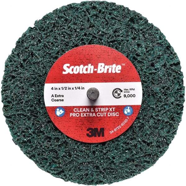 3M - 4" Extra Coarse Grade Aluminum Oxide Deburring Disc - 1/4" Center Hole, Quick Change Connection, Green, 12,000 Max RPM - Eagle Tool & Supply